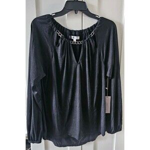 Jennifer Lopez Edgy Romance Blouse Large Black Chain Neck Tie Top NWT